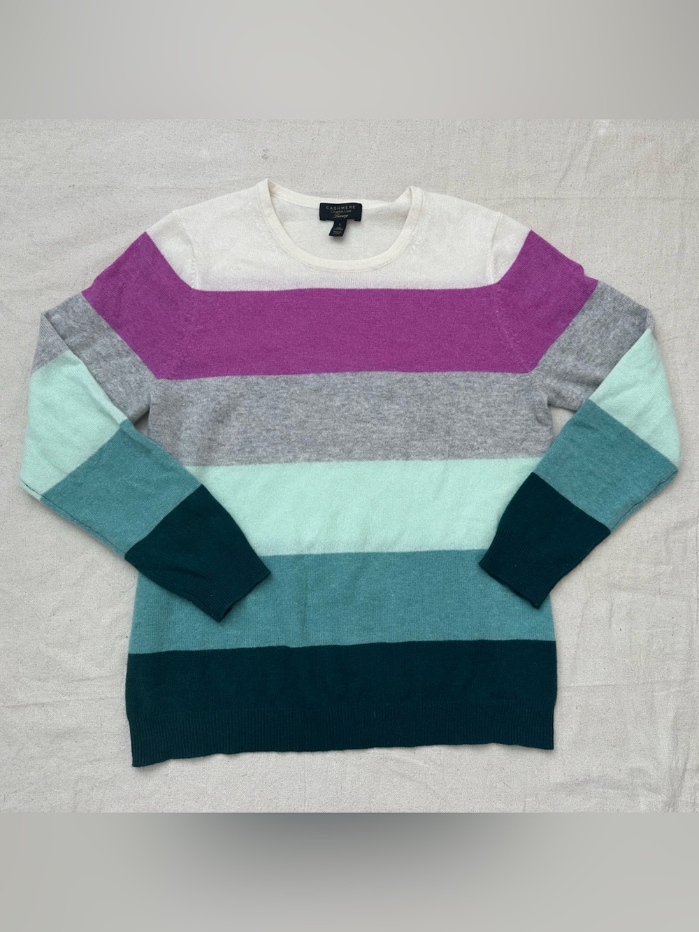 Charter Club Luxury 100% Cashmere Multicolor Stripe Crewneck Soft knit Sweater L